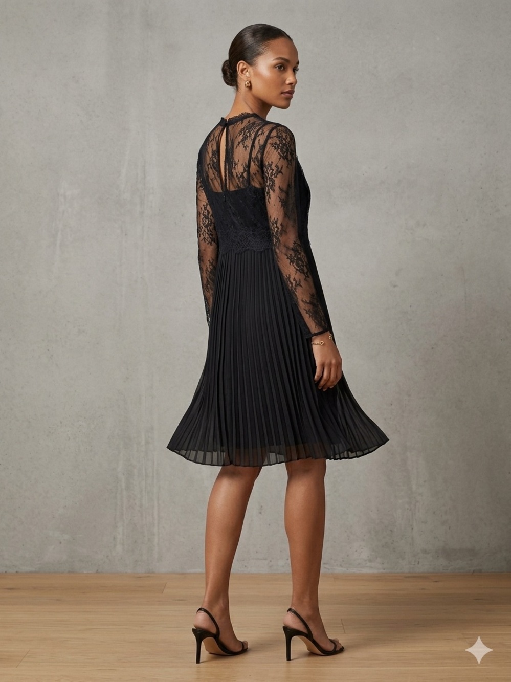 ZARA Black Lace Bodice Pleated Midi Dress